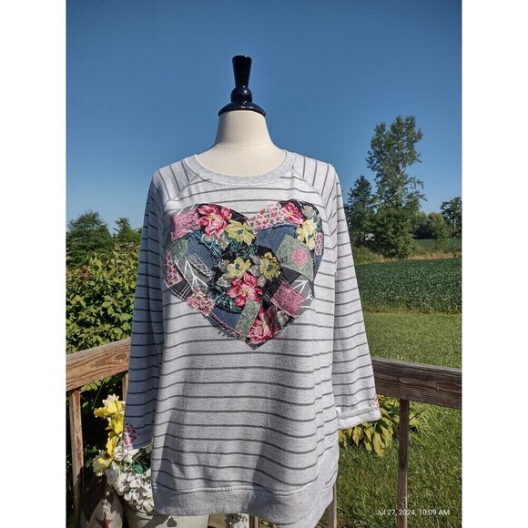 Custom Patchwork Heart Sweatshirt Striped Upcycled Boho reworked Ooak - Picture 1 of 10